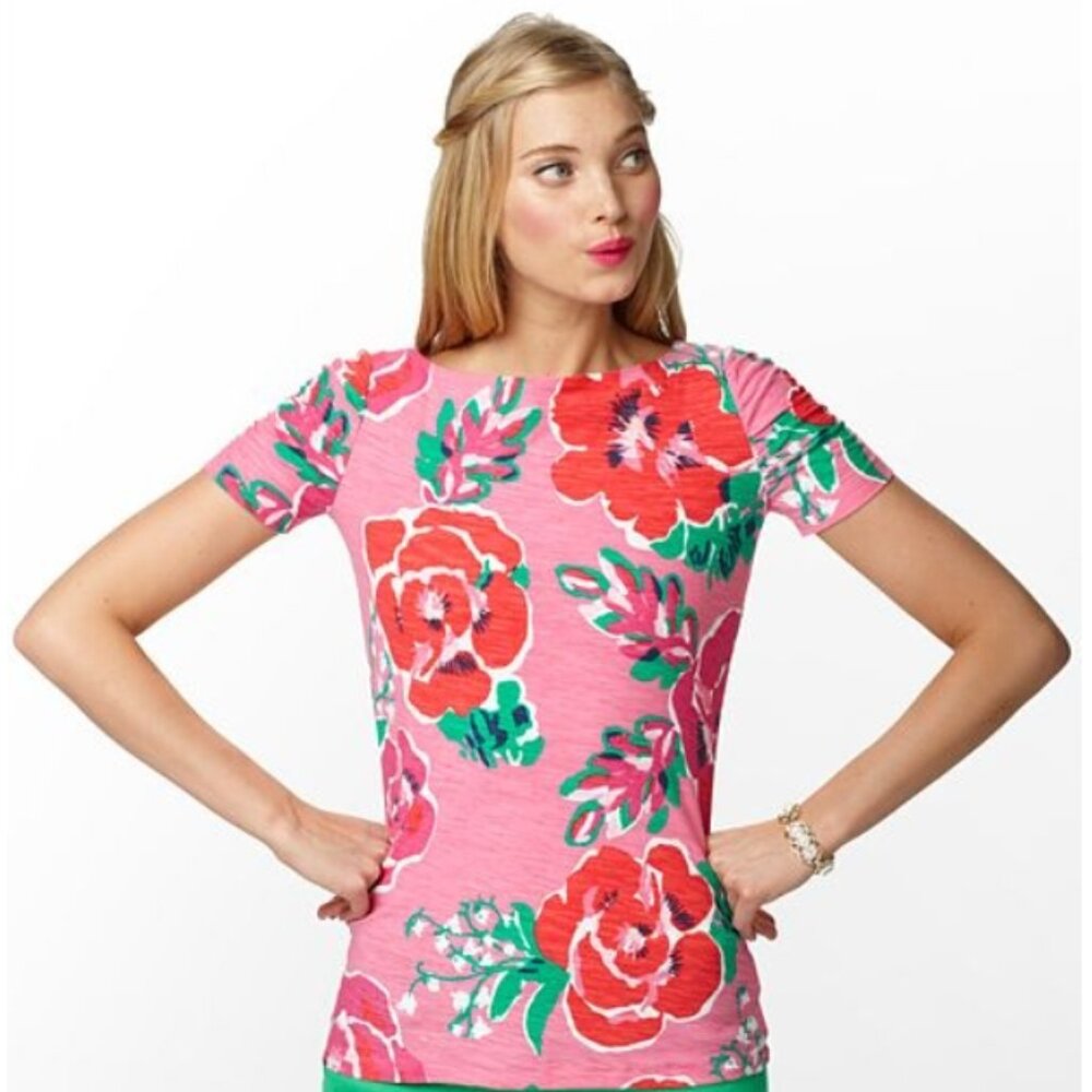 EUC Lilly Pulitzer Pink Floral Ruched Sleeve T-Shirt -- Size XL